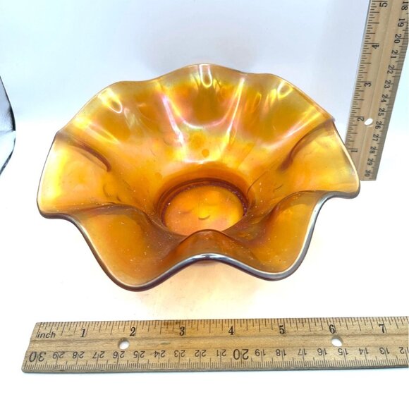 Vintage Carnival Glass Ruffled Bowl Amber Iridescent Finish 7 inches Diameter - Picture 4 of 4